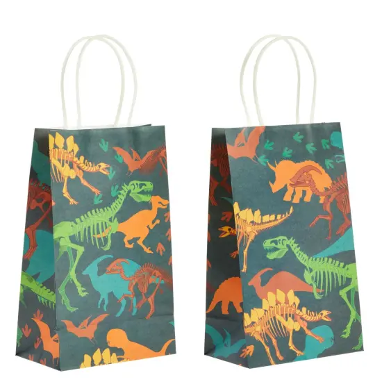 24 Pack Dinosaur Goody Bags with Handles, 5.3x3.2x9 Inch for Kids Birthday, Party Favors, Treats, Fossil Print Design {7}