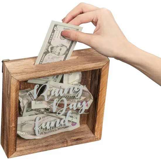 Genie Crafts Wooden Shadow Box Bank, Rainy Day Fund (7.1 x 1.8 Inches) Brown {4}