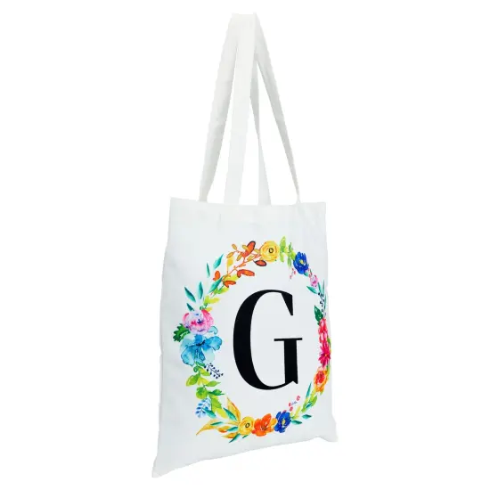 Set of 2 Reusable Monogram Letter G Personalized Canvas Tote Bags for Women, Floral Design (29 Inches) White {6}