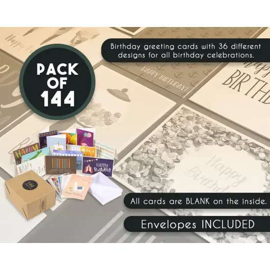 144 Pack Happy Birthday Cards Bulk with Envelopes in 36 Designs, Blank Inside for Men, Women, Kids and Work (4x6 In) Multicolor {3}