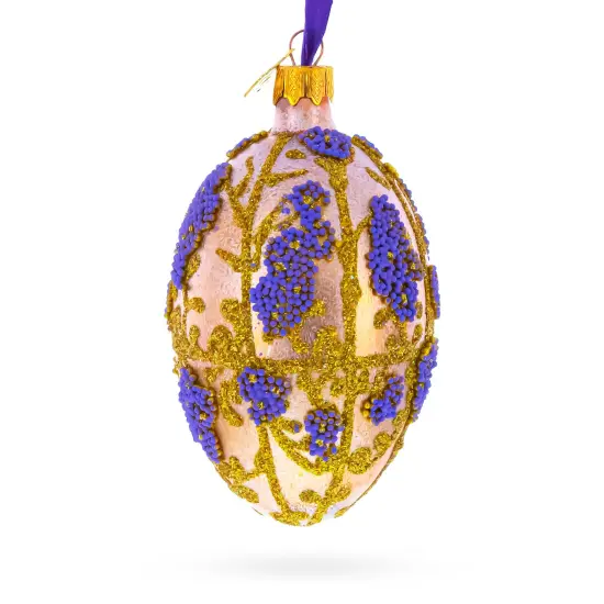 Golden Amber with Lavender Blossoms Beaded Glass Egg Ornament 4 Inches {4}