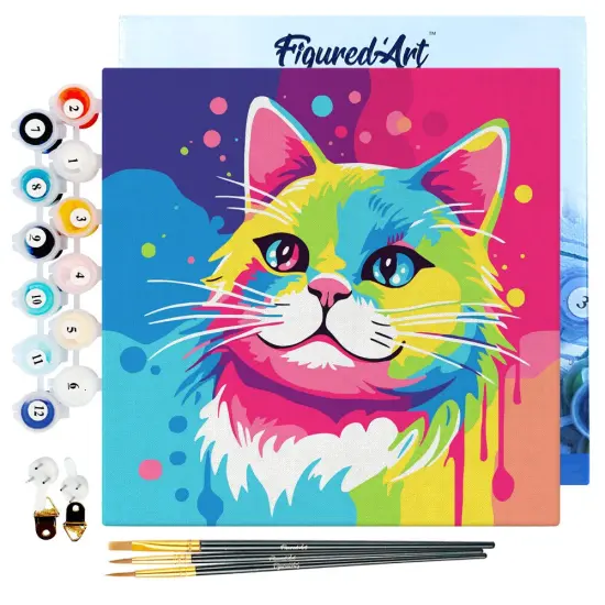 Figured'Art Mini Paint by Numbers Kit for Adults with Frame Cat Abstract Pop Art Small format 8"x8" - Craft Art Painting DIY Canvas Already Stretched on a Wooden Frame {1}