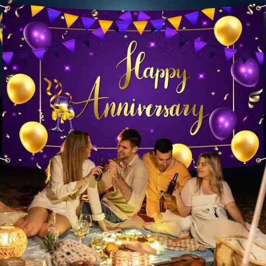 Happy Anniversary Backdrop Banner Decor Purple Gold {5}