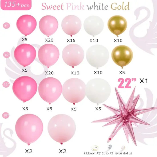 Pink Gold Balloon garland kit 135Pcs Pastel Pink and Gold white balloons for Girl baby shower women Sweet 16/21th Birthday Mother's Day Party Princess theme Decorations {5}