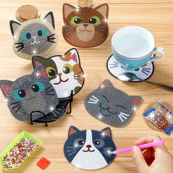 10PCs Diamond Painting Coasters Set - Cat Theme Diamond Art Coasters Painting Kits {3}