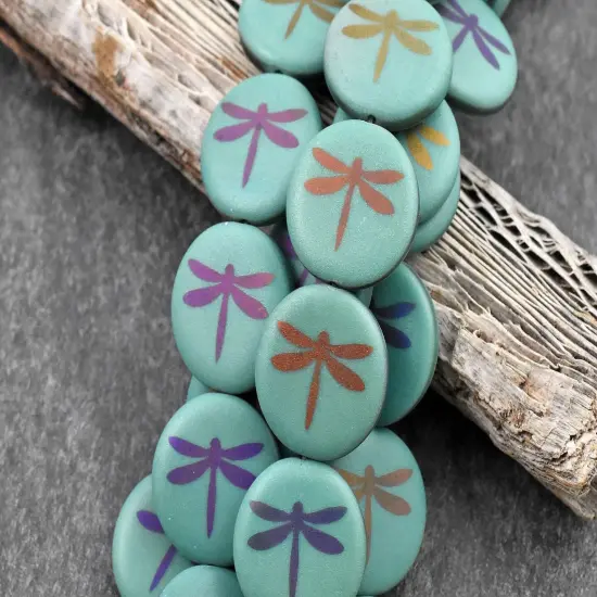 *8* 17mm Opaque Dark Turquoise Laser Tattoo Dragonfly Coin Beads {3}