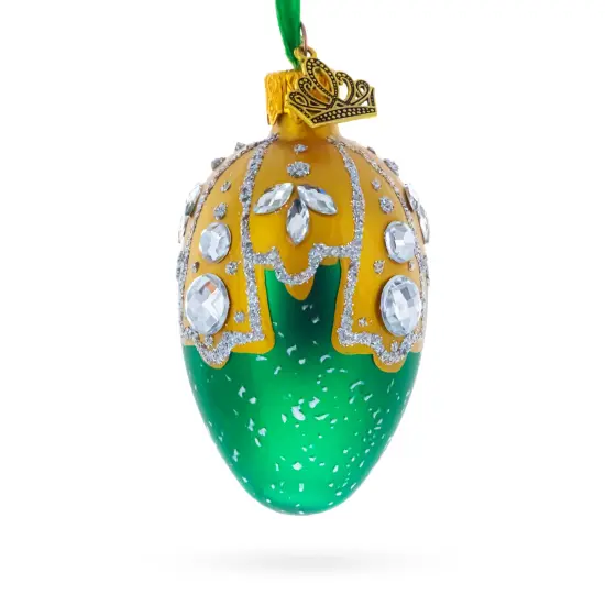 Green with Gold and Clear Jewel Accents Mini Glass Egg Ornament 2.9 Inches {3}