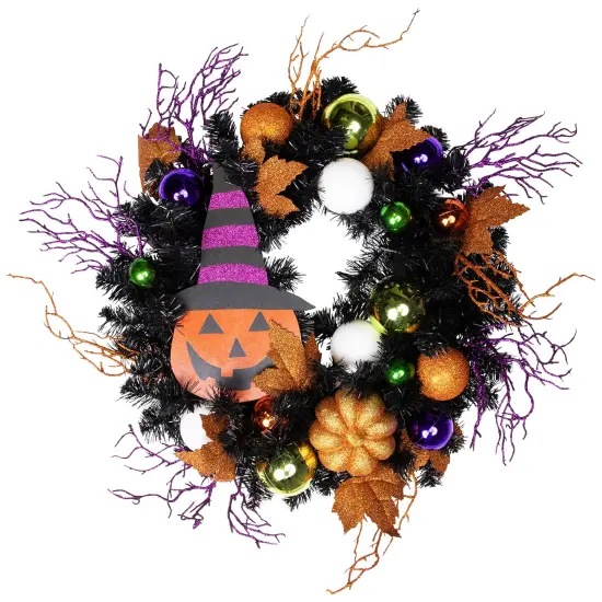 Northlight Glittered Jack-O-Lantern in Witch's Hat Artificial Halloween Wreath - 24" - Unlit Black {3}