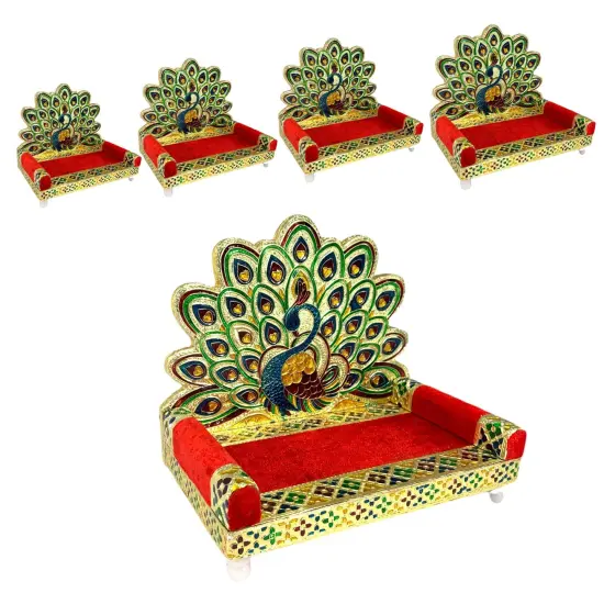 Wooden Laddu Gopal Sinhasan for Pooja Mandir Kanha Ji Singhasan Krishna Aasan for All God Janamashtami Favor Meenakari Peacock Design Singhasan Housewarming Gift {3}