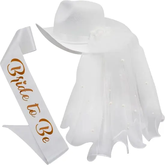 4E's Novelty Bride Cowgirl Hat with Veil & Sash - Women White Cowboy Hat Bachelorette Party, Bridal Shower Dress Up {2}