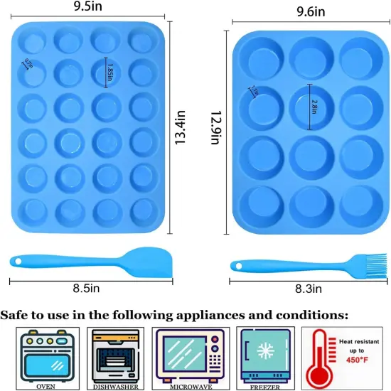 Silicone Muffin Pan Cupcake Set &ndash; Non-Stick 12 Cups and Mini 24 Cups,Silicone Baking Molds,BPA Free Muffin Tin with 1 Silicone Spatula & 1 Oil Brush (blue) {1}