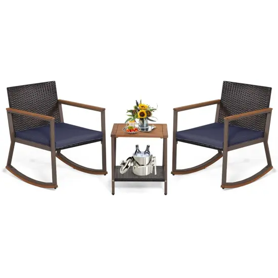 Costway 3 PCS Patio Rattan Rocking Chair Bistro Set Armrest Cushion Table with Storage Shelf Navy/Grey/Off White {7}