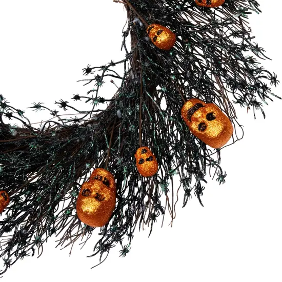 Northlight Glittered Skulls and Spiders Halloween Twig Wreath - 22" - Unlit Black {5}