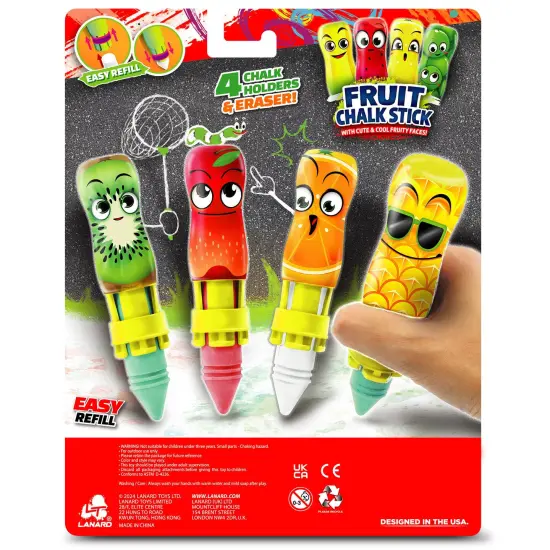 Lanard Chalkie: Twin Pack - Fruit Chalk Stick - 8 Cute Face Character Holders, 8 Washable Sticks & 2 Erasers, Indoor-Outdoor Art, Play, Kids Ages 3+ {4}