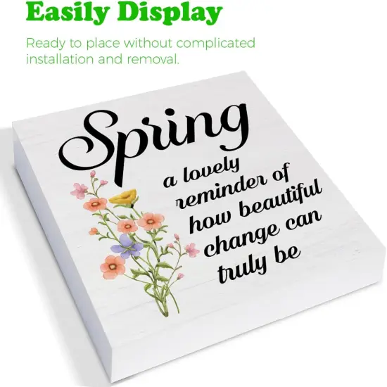 Spring Sign Decorations Spring a Lovely Reminder of How Beautiful Change Can Truly Be Wood Block Plaque Sign for Home Desk Table (5 x 5 Inches) {3}