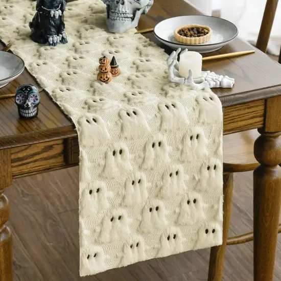 Beige Ghost Soft Plush Faux Fur Jacquard Halloween Table Runner {1}
