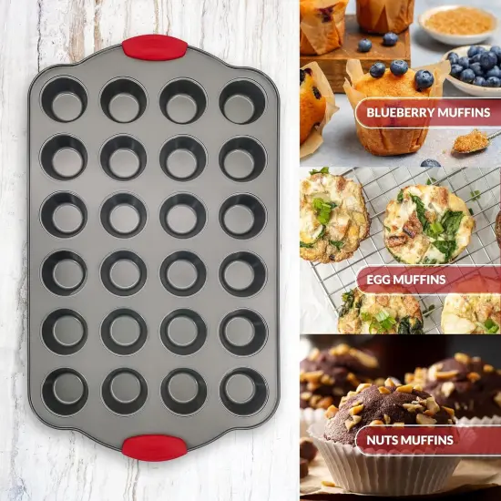 24 Cup Mini Muffin Pan with Silicone Handles | Professional Non-Stick Cupcake Pan for Muffins, Cupcakes, Egg Bites, and More {2}