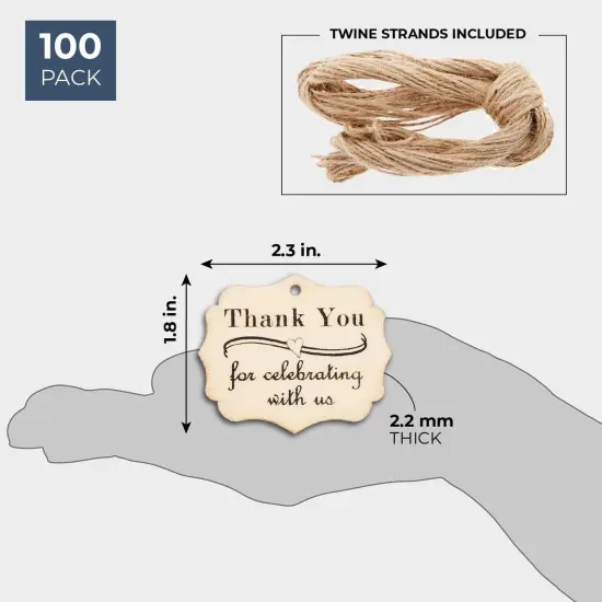 100-Pack Wood Thank You Tags with Twine for Wedding and Baby Shower Party Favors, 1.8 x 2.3 Inches Brown {2}