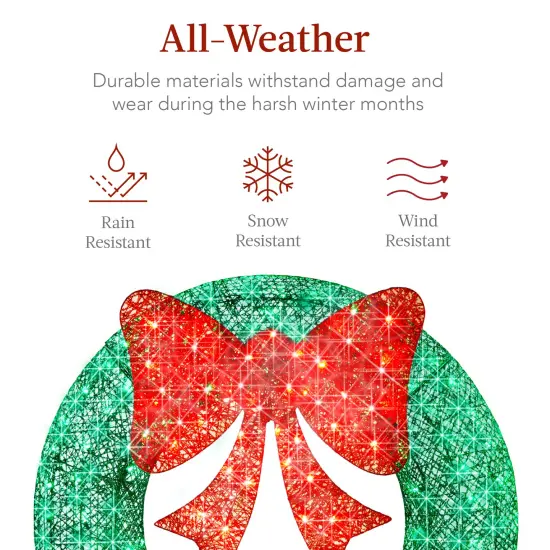 Best Choice Products 30in Pre-Lit Outdoor Christmas Wreath, LED Metal Holiday D&eacute;cor w/ 100 Lights, Bow Green/Red {5}