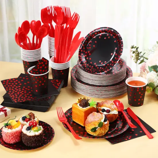 560 Pcs Black and Red Party Supplies for 80 Guests - Disposable Dinnerware Set with Black and Red Paper Plates, Napkins, Cups, Plastic Forks, Knives and Spoons {3}
