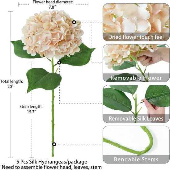 5 Pcs Light Coffee Silk Hydrangeas - 20'' {4}