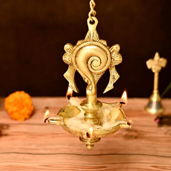 Brass Annam, Shank Wall Hanging Idol Oil Lamp Diya with Chain Hanging Oil Wick Diya Puja Gifting Entrance Home Decor Idol Kathu Vilakku Diyas for Pooja Temple Diwali Decor Idol Statue {1}