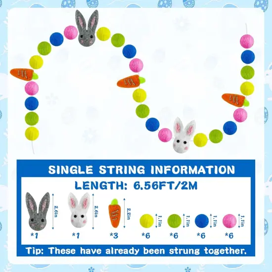 2 PCS Easter Wool Felt Ball Garland Rabbit Carrot Pom Pom Garlands, 6.56 Feet Bunny Hanging Banners, Bunny Wall Decors(White+Grey) {3}