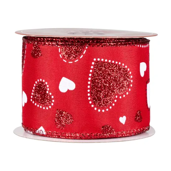 Northlight Glitter Hearts Valentine's Day Wired Craft Ribbon - 2.5" x 10 Yards - Red and White {4}