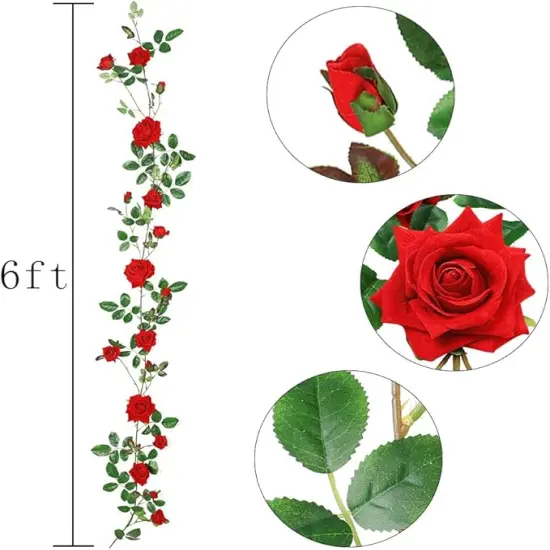 6ft Red Rose Garland Artificial Rose Vine Fake Flower Garland Silk Floral Hanging Ivy for Wedding Arch Party Ceremony Background Wall Garden Outdoor Decor {3}