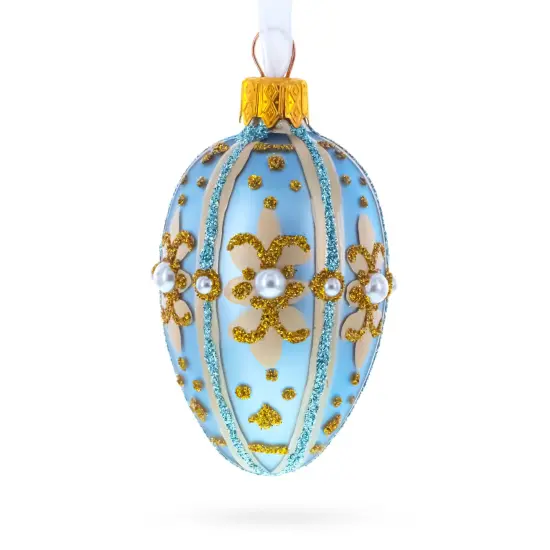 Powder Blue with Gold Glitter and Pearl Accents Mini Glass Egg Ornament 2.9 Inches {1}