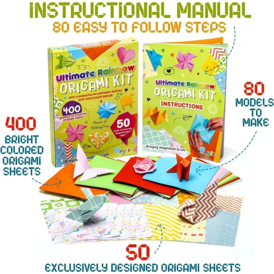 BRYTE Ultimate Rainbow Origami Kit With 450 Fun Colorful Papers, Gift-Ready Crafts For Girls Kids Ages 8-14 {3}