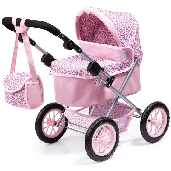 Bayer: Trendy Pram - Pink & Animal Print- Includes Shoulder Bag, Fits Dolls Up to 18", Adjustable Handle, Pretend Play, Shopping Basket {1}