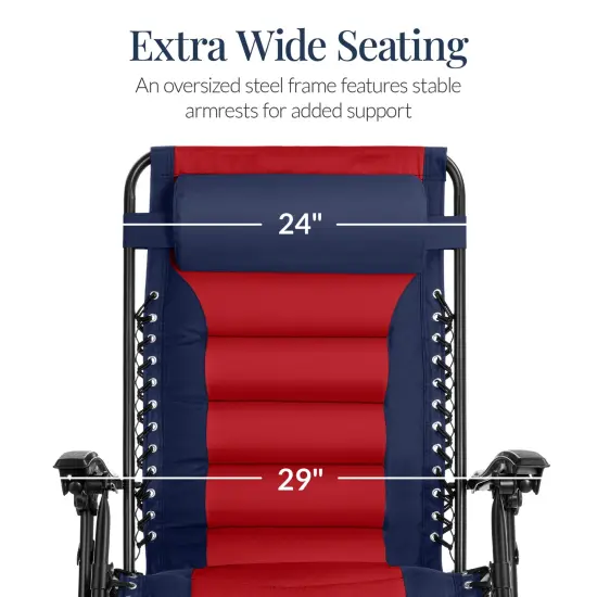 Best Choice Products Oversized Padded Zero Gravity Chair, Folding Outdoor Patio Recliner w/ Side Tray Navy/Red {3}