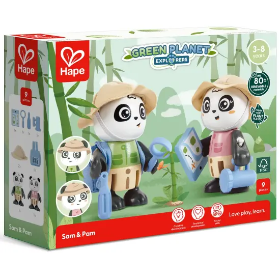 Hape: Sam & Pam Set - 2 Panda Articulated Toy Figurines, Wooden Animal Miniatures W/ Explorer Gear, Nature, Green Planet Explorers, Kids Age 3+ {3}