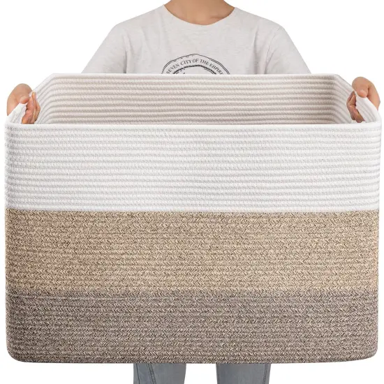 108L Super Large Blanket Basket, 25&rdquo;x16&rdquo;x16&rdquo;(108L) Rectangle Woven Baskets for Storage, Cotton Rope Basket For Living Room, Toy Storage with Handle- Gradient Brown {1}