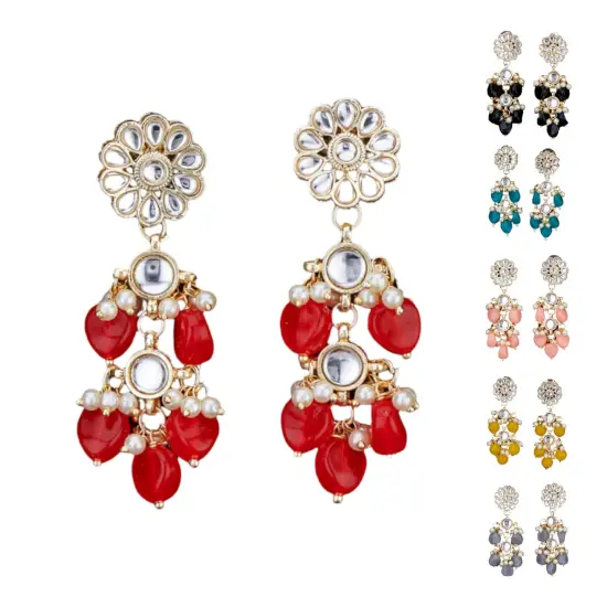 Indian Jhumka Earrings for Women - Large Floral Kundan Faux Pearls Drop Chanbali Earrings Indian Jhumki Ethnic Beaded Bollywood Style Dangle Earrings Jewelry for Bride Birthday Gift for Her MINT {2}