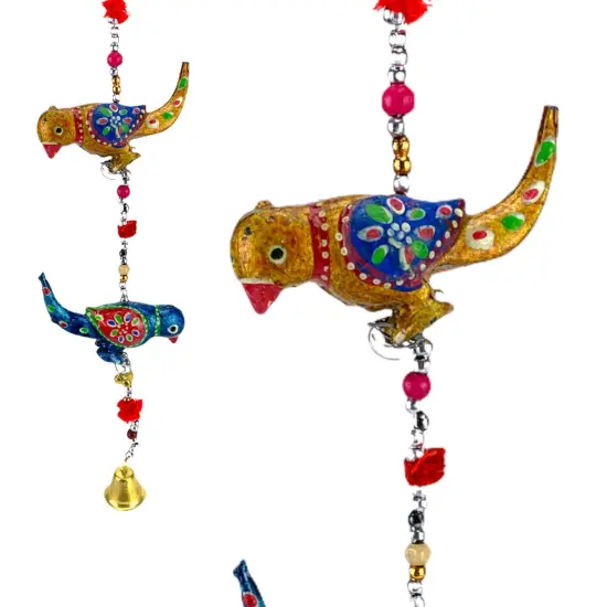 Rajasthani Door Hanging Wind Chimes Indian Traditional Parrot Wall Hanging Diwali Christmas Wedding Decor Wind Chime for Home Decoration Patio - Housewarming Gifts (14 Inches) {1}