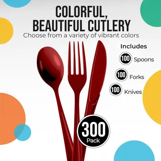 Exquisite Polished Plastic Silverware &ndash; 150 Pcs Heavy Duty Cutlery Set &ndash; 50 Each of Forks, Knives & Spoons &ndash; Disposable Utensil Set for Parties, Events & Catering &ndash; Flatware Set by Party Solids Burgundy {3}