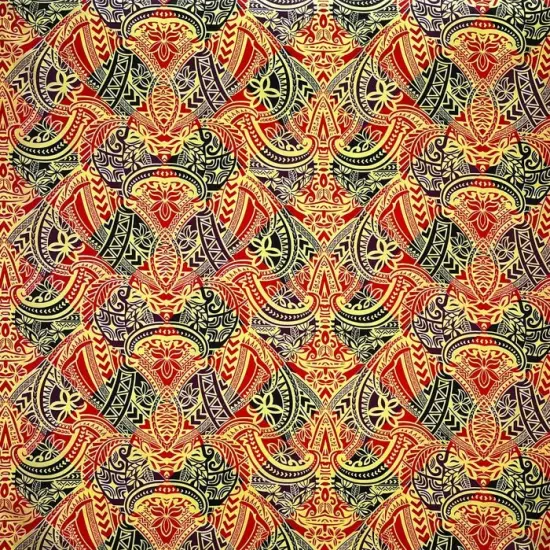 1 Yard Traditional Polynesian Tattoo Design Fabric, 100% Polyester Peachskin, 45" Wide Red/Black/Yell {6}