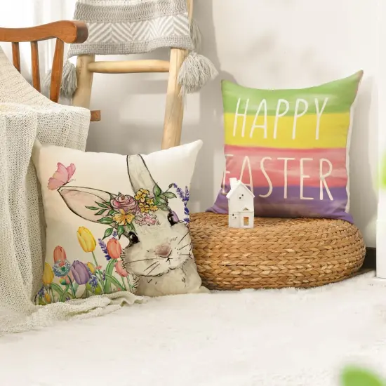 Set of 4 Happy Easter "Hunny Bunny" Throw Pillow Covers &ndash; 18" x 18" Colorful Striped Cushion Cases for Sofa & Couch {3}