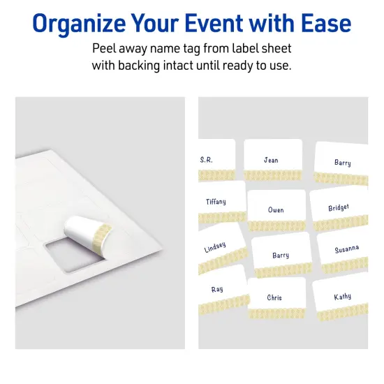 Avery Printable Rectangle Adhesive Name Badges, Pre-Printed Gold Lace Trim Pattern, Matte White, 2-1/3" x 3-3/8", Laser & Inkjet Compatible, 80 Total, Great for Branding, Marketing, and Events {6}