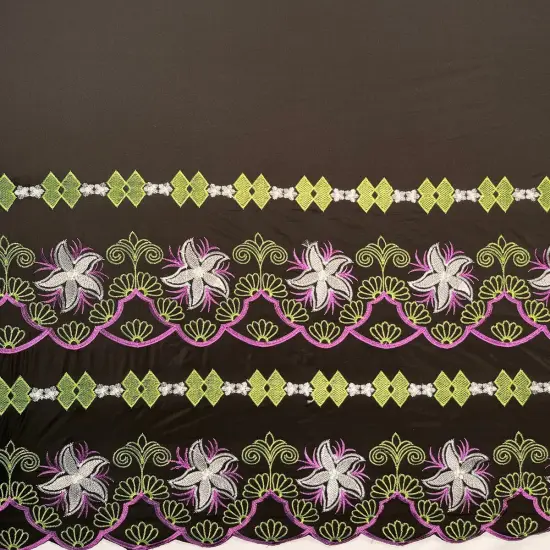 1 Yard Plumeria Flower Embroidered Double Border Polyester Fabric 56 Inch Width Black {1}