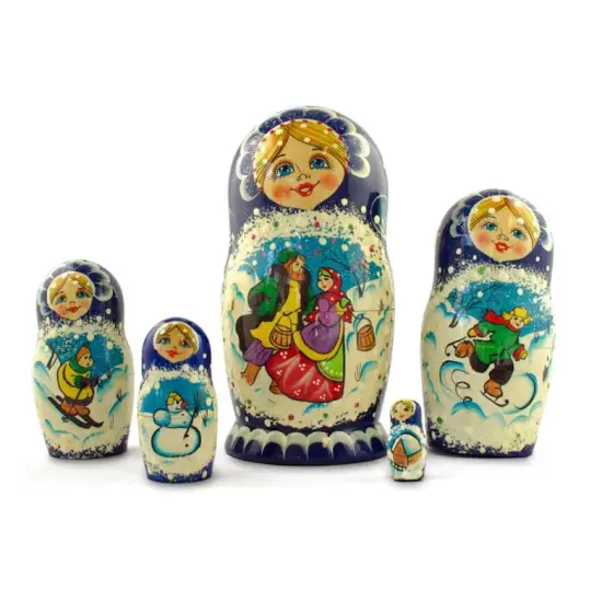 Set of 5 Family Christmas Celebration Wooden Nesting Dolls 6.5 Inches {5}