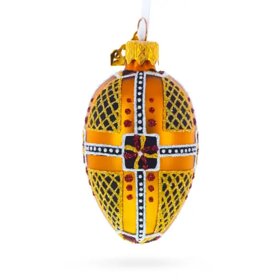 Amber with Red, Black, and Gold Geometric Pattern Mini Glass Egg Ornament 2.9 Inches {4}