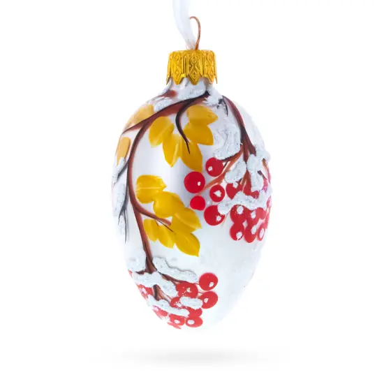 Frosted White with Red Berry and Snow-Covered Branch Design Mini Glass Egg Ornament 2.9 Inches {4}