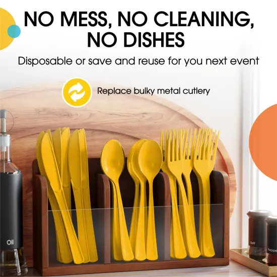 Exquisite Polished Plastic Silverware &ndash; 150 Pcs Heavy Duty Cutlery Set &ndash; 50 Each of Forks, Knives & Spoons &ndash; Disposable Utensil Set for Parties, Events & Catering &ndash; Flatware Set by Party Solids Yellow {5}