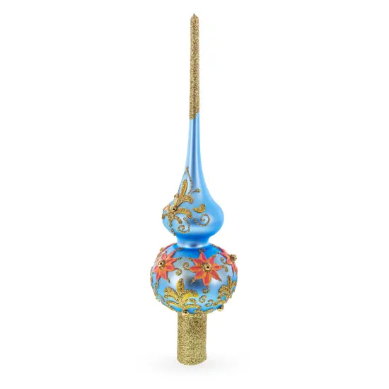 Exquisite Blue and Gold Floral Glass Tree Topper {3}