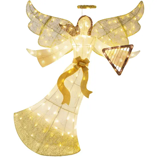 Best Choice Products 5ft Lighted Outdoor Angel Christmas Decoration for Lawn w/ 140 LED Lights, Harp, Bow, Ground Stakes Gold {1}