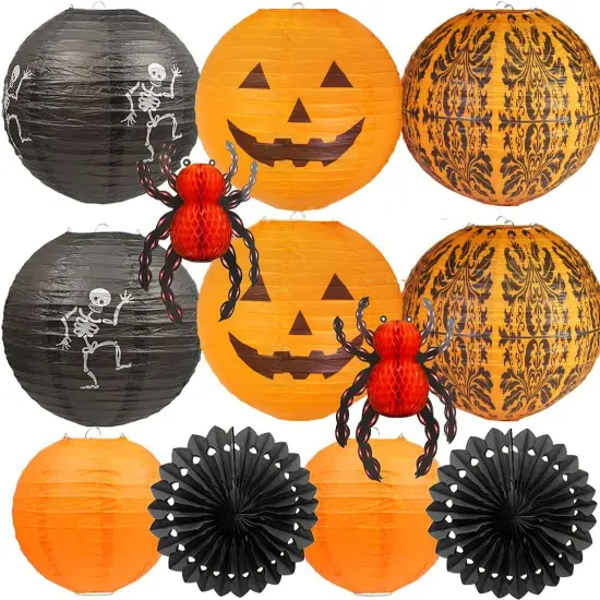12 Pieces Halloween Hanging Decorations Paper Lanterns, Jack-O'-Lantern Spider Skeleton Pumpkin for Indoor & Outdoor Spooky Home Decor, Party Supplies Props, 12" & 8" (Orange, Black) {3}
