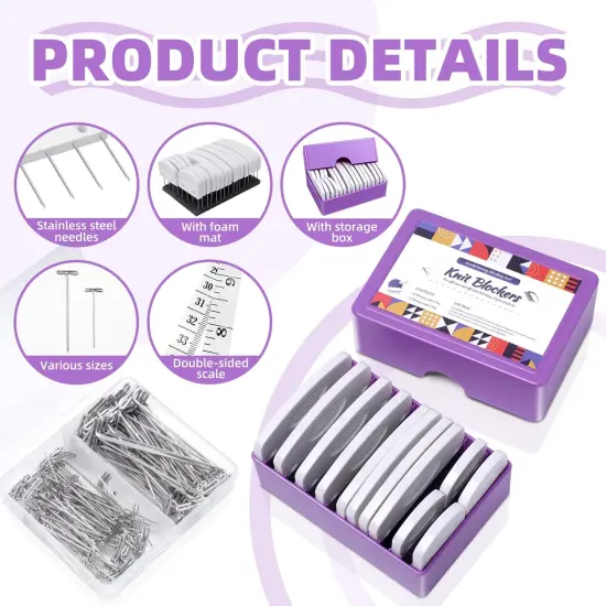 130 Pcs Knit Blockers Kits, Blocking Knit Combs Pins Set for Knitting, Knitting Tools Knitter Crochet, with Flexible Tape Measure Ruler, Silver T-Pins for Sewing Lace or Needlework Projects Device {6}